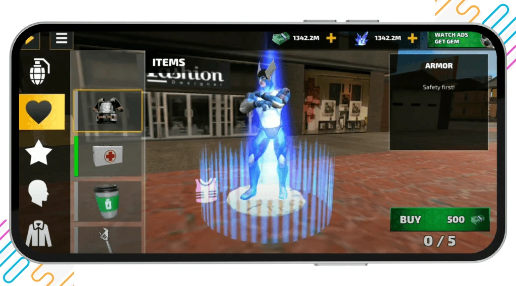 Rope Hero Vice Town gameplay mockup showing the in-game purchase and upgrade menu for enhancing the superhero’s abilities and equipment.