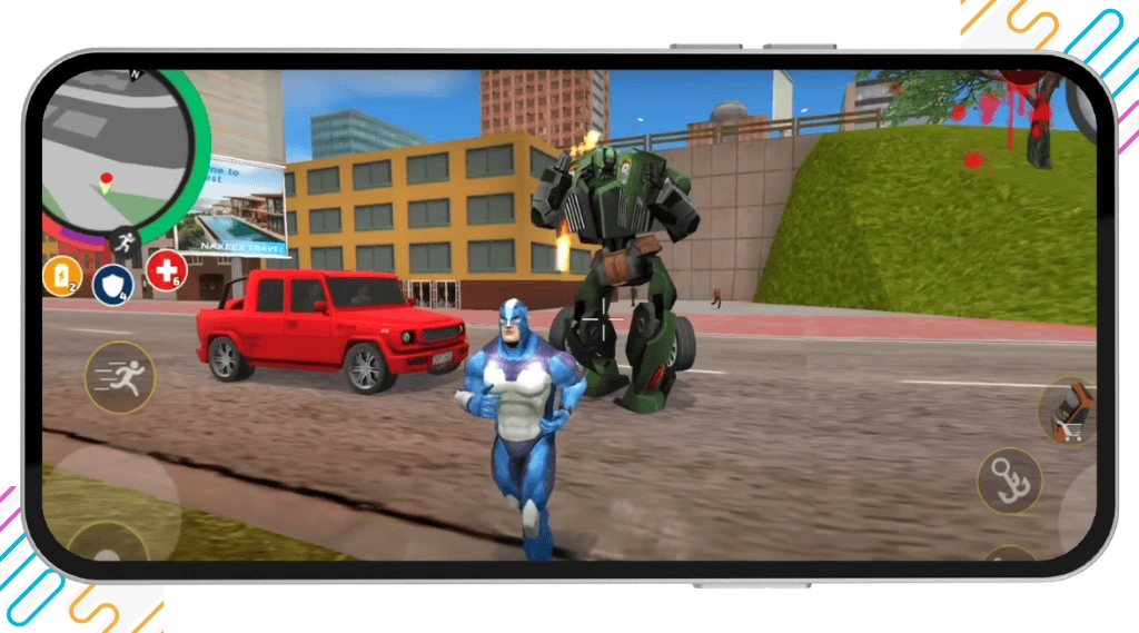 Rope Hero Vice Town gameplay mockup for superhero abilities feature, showing Rope Hero facing a green transformer-style villain in a city environment.