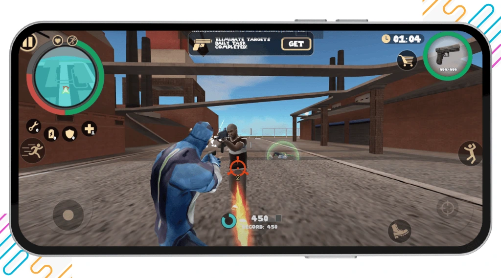 Rope Hero Vice Town gameplay mockup showing a blue-suited superhero facing a criminal attacker in a vibrant city street with cars and tall buildings in the background.