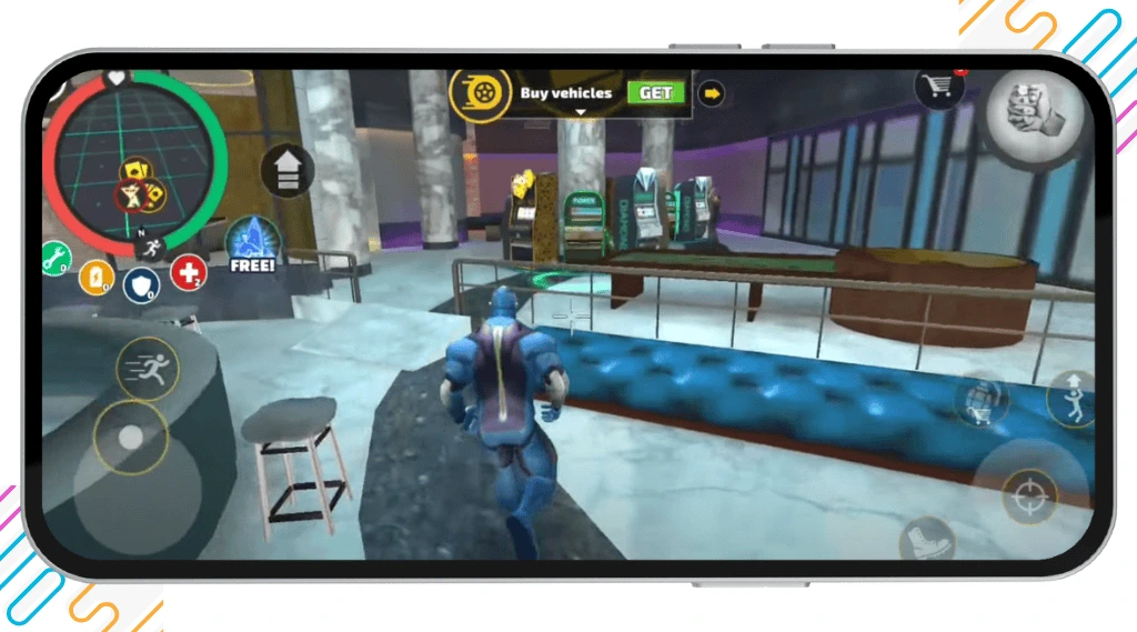 Rope Hero Vice Town gameplay mockup showing the superhero’s superpower boost bar in the game interface with a city background.