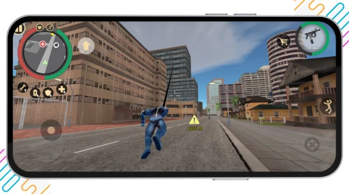 Rope Hero Vice Town gameplay mockup showing superhero in blue suit swinging through the city
