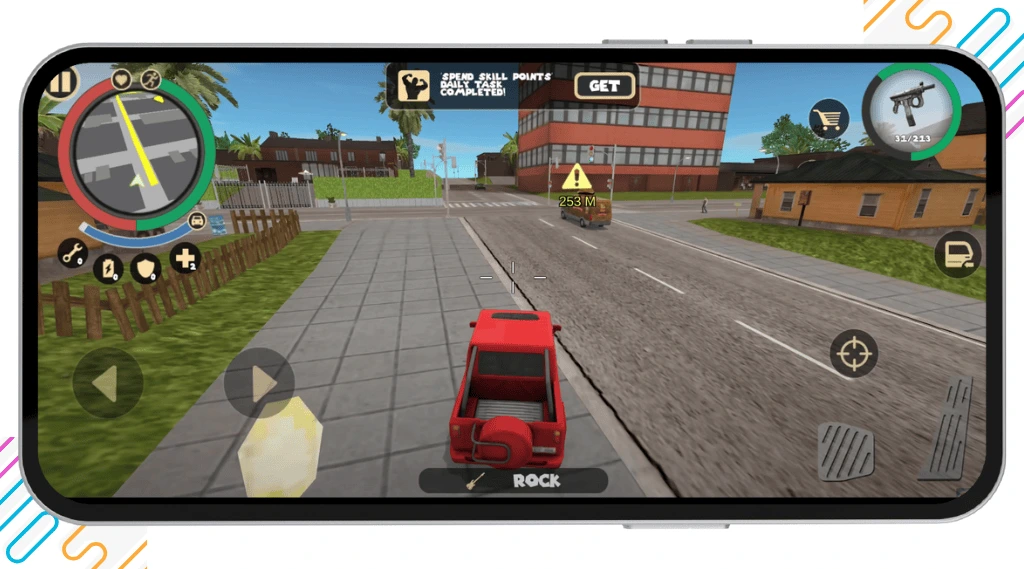 Rope Hero Vice Town gameplay mockup for unlimited money and gems feature, showing a city road with a small park, a red car, and urban buildings in the background.