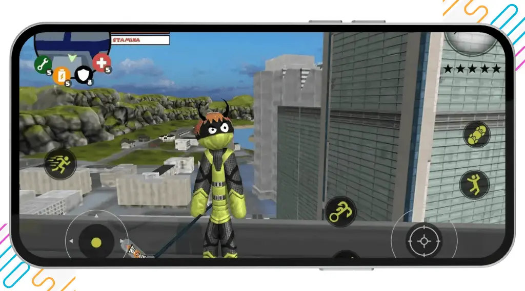 Stick Rope Hero Mod APK | Download 3 Gameplay overview of Stickman Rope Hero Mod APK featuring advanced combat skills, upgraded weapons, and immersive city adventure.