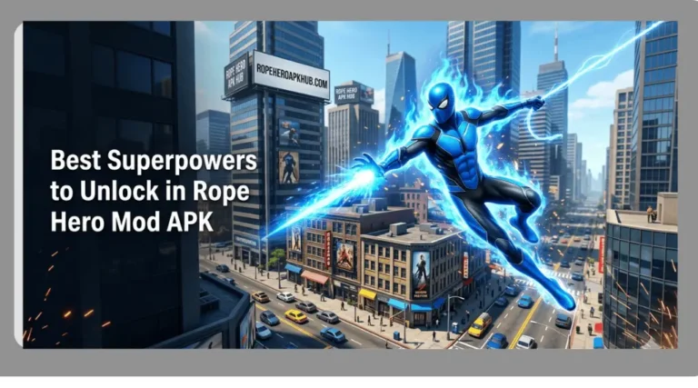Best Superpowers to Unlock in Rope Hero Mod APK 4 Best superpowers to unlock in Rope Hero Mod APK showing a blue-suited superhero using special abilities in Vice Town