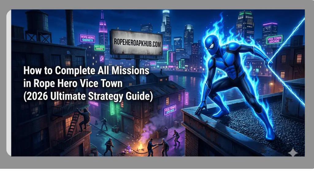 How to Complete All Missions in Rope Hero Vice Town (2026 Ultimate Strategy Guide) 2 Complete all missions in Rope Hero Vice Town 2026 guide showing superhero fighting criminals in an open world city