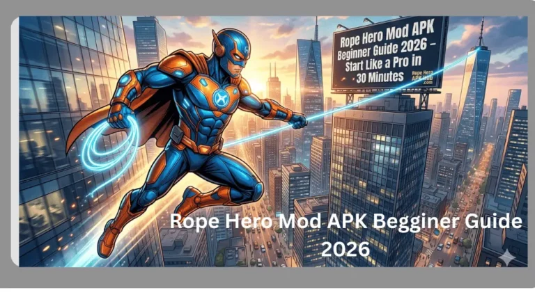 Rope Hero Mod APK Beginner Guide 2026 – Start Like a Pro in 30 Minutes 5 Rope Hero Mod APK beginner guide 2026 showing a superhero swinging through a city using a rope with action gameplay scene