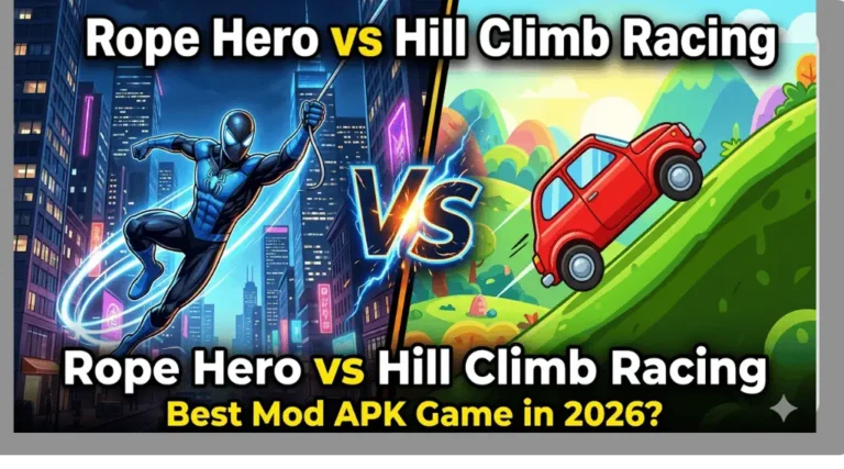 Rope Hero Mod APK vs Hill Climb Racing Mod APK — Which Game Should You Play in 2026? 3 Rope Hero Mod APK vs Hill Climb Racing Mod APK comparison image showing action superhero and hill climbing car gameplay in 2026