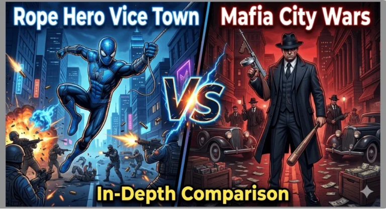 Rope Hero Vice Town vs Mafia City Wars: In-Depth Comparison 2 Rope Hero Vice Town vs Mafia City Wars comparison image showing superhero action and mafia city gameplay styles